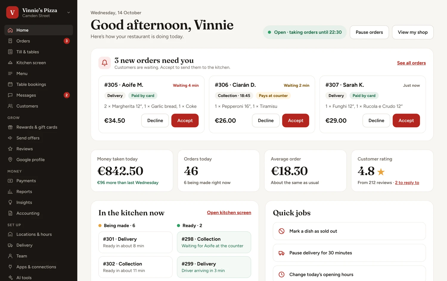 Orders dashboard in the Kelmo restaurant platform