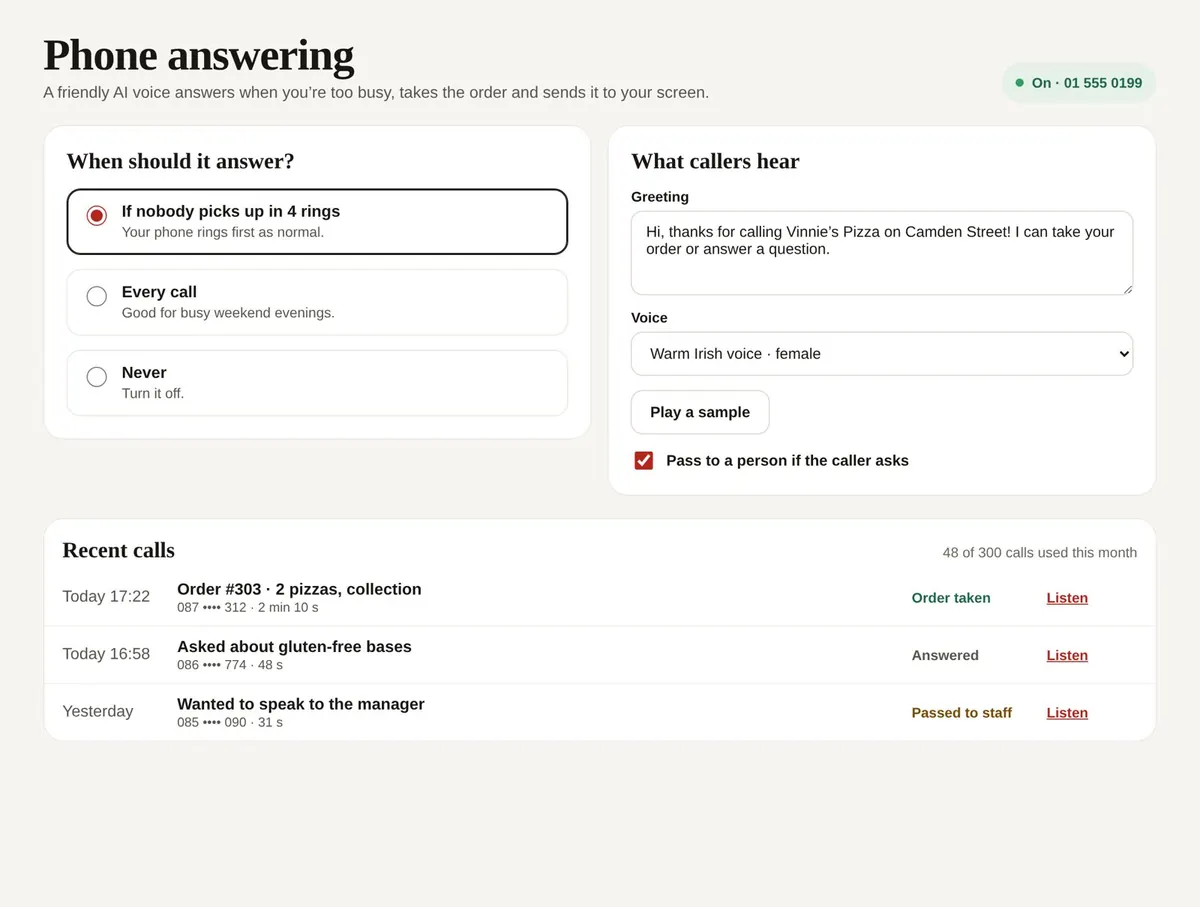 Phone Orders settings with recent calls (example screen)