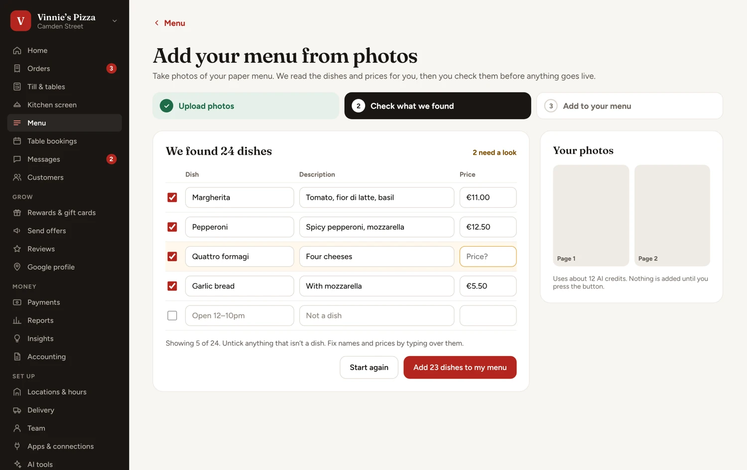 AI-assisted menu import from a menu photo