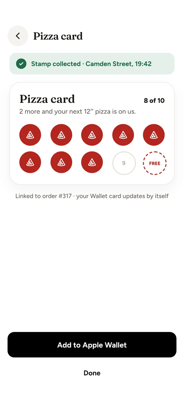 Stamp collected screen with a digital pizza card